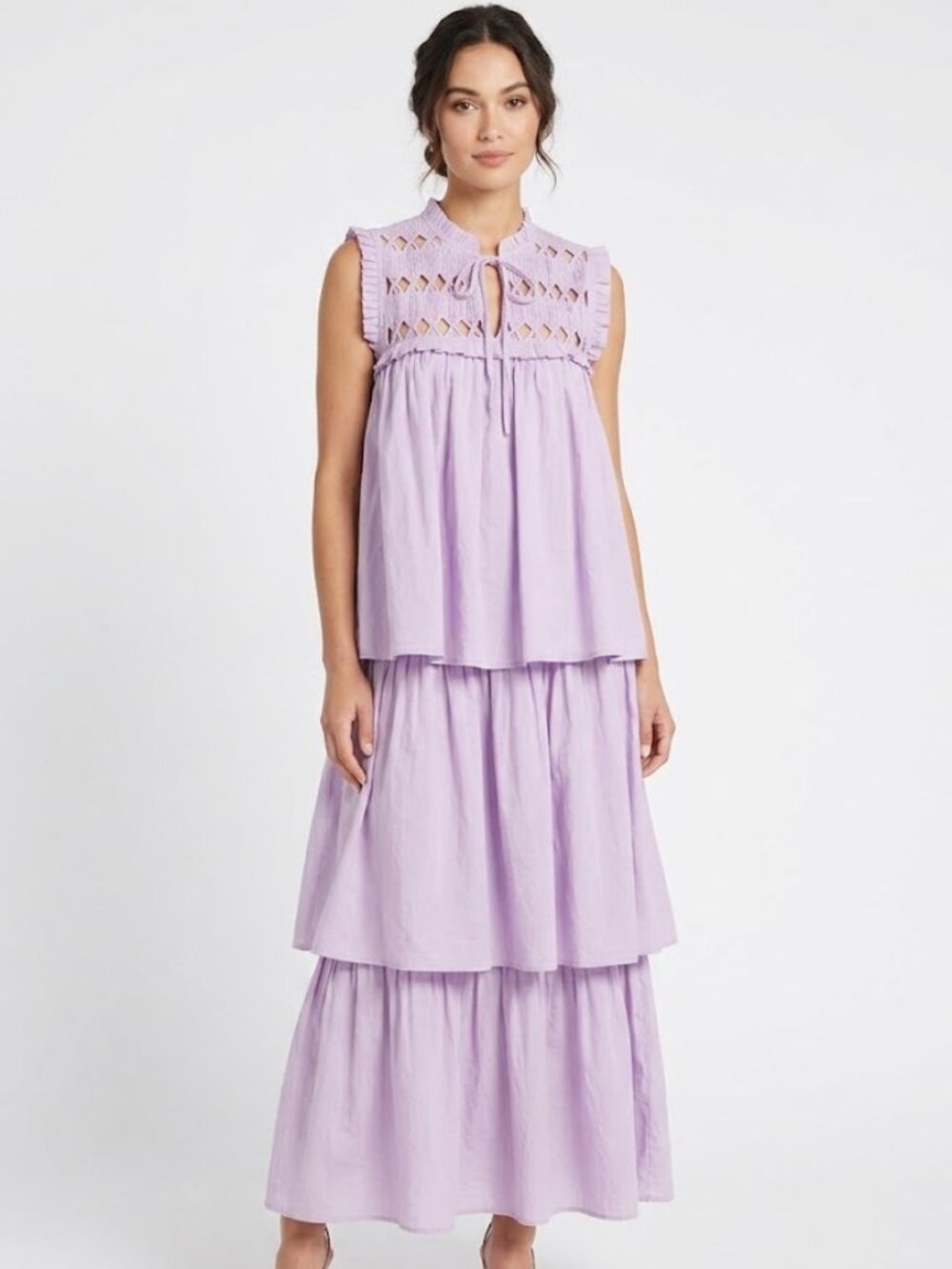 Anthropologie Self Contrast Tiered Smocked MIDi Dress Size Small
